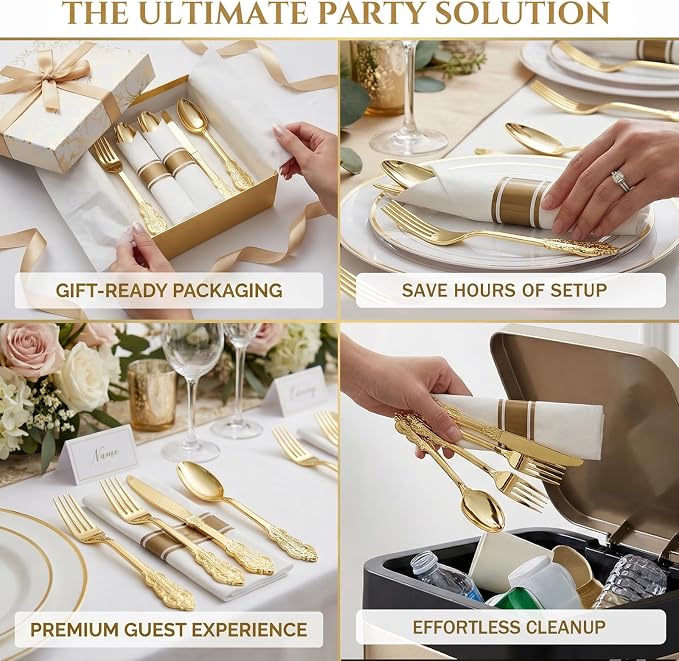 Liacere 400PCS Gold Plastic Silverware - Pre Rolled Napkins Disposable Gold Plastic Cutlery-Premium Quality Utensils-Includes 100Forks,100Knives,100Spoons,100 Napkins & Birthday Party &Events