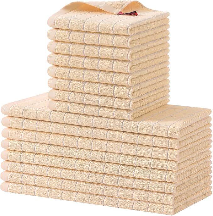 Homaxy Kitchen Towels and Dishcloths Set, 12 x 12 and 13 x 28 Inches, Set of 16 Bulk Cotton Terry Kitchen Towels Set, Checkered Designed, Soft and Super Absorbent Dish Towels, Apricot