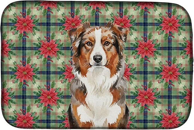Caroline's Treasures Red Merle Australian Shepherd Christmas PoinsettIas Dish Drying Mat Absorbent Dish Drying Mat Pad for Kitchen Counter Dish Drainer Mat for Countertop, 14 x 21", Multicolor
