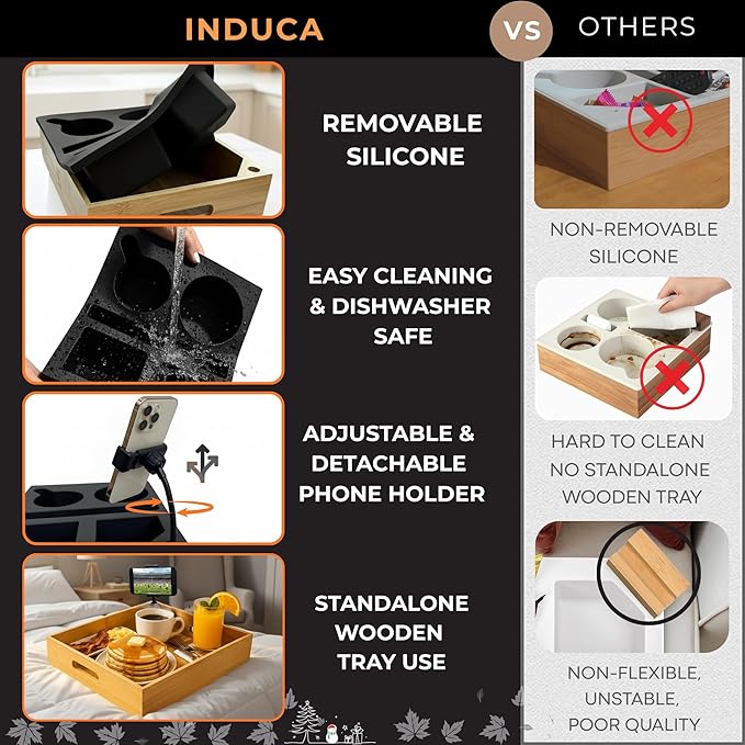 Couch Caddy with Cup Holder | Wood Couch Cup Holder Tray for Drinks, Snacks & Remotes | Couch Tray for Bed, Car Seat & Beach Organizer (Black)