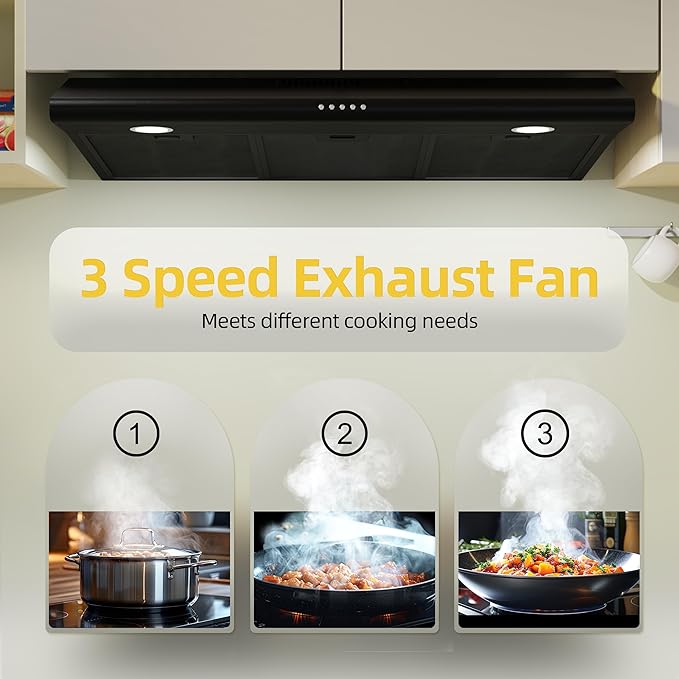 FIREGAS 36 Inch Black Under Cabinet Range Hood, 300 CFM Ducted/Ductless Convertible Kitchen Hood with 3-Speed Stove Vent Fan, LED Lights, Aluminum Filters & Charcoal Filters