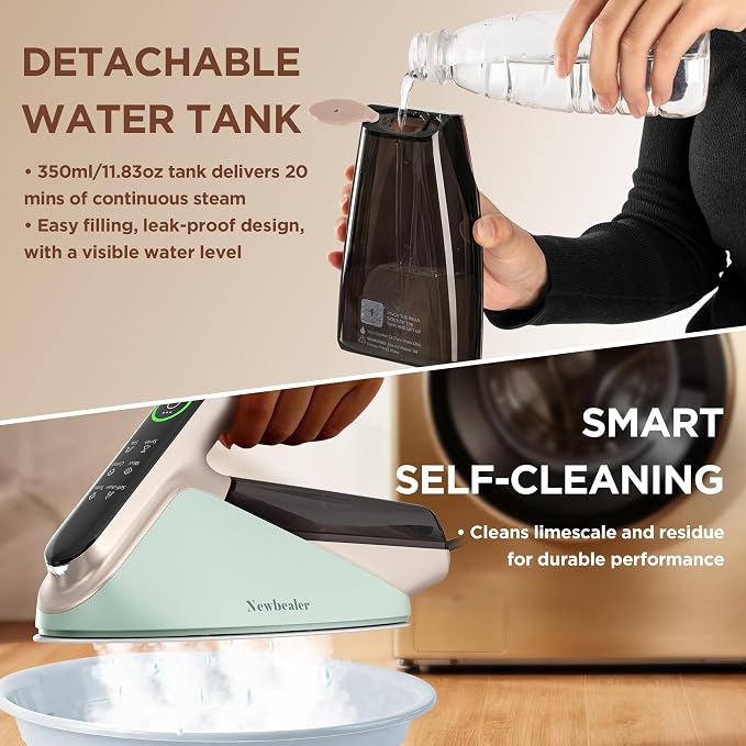Newbealer Steam Generator Iron, 1500W Turbo Steamer for Clothes (Green) | 2 Bar Steam Pressure Clothes Iron, 4 Steam & 4 Dry Heat Modes, Fast Heat-Up, 350ml Detachable Tank, Auto-Off, Self-Cleaning