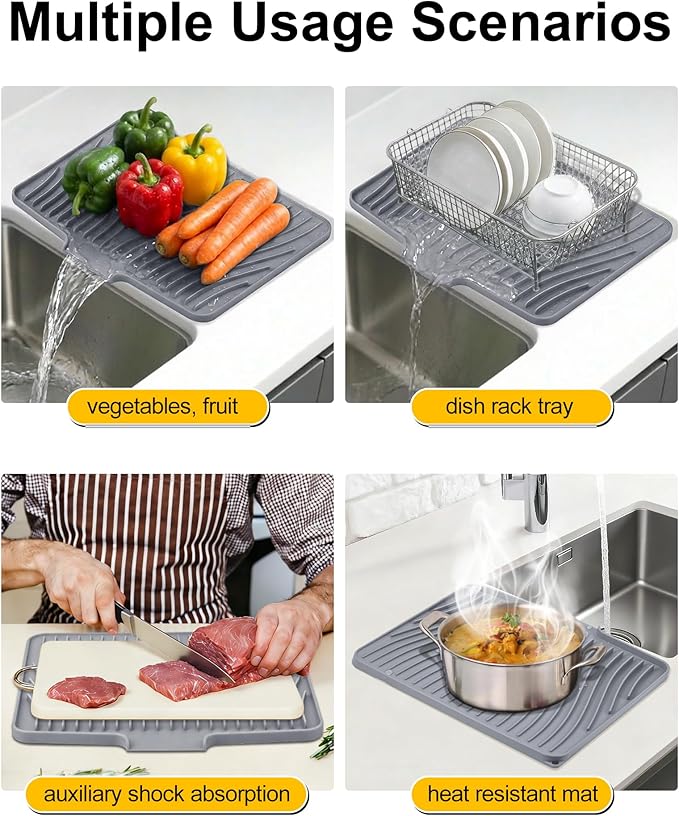 Silicone Dish Drying Mat for Kitchen Counter, Non-Slip Drain Pad with Built-in Drain, Heat Resistant Dish Drying Pad, Multi-Use Drying Mat, Dishwasher Safe & Hangable, Grey, 19.7" x 15"