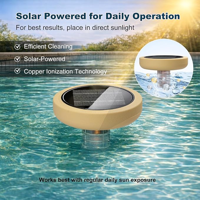 Solar Pool Ionizer for Above Ground, Solar Powered Floating Copper Purifier, Reduce Chlorine 85%, Up to 45,000 Gallons, Swimming Pools Water Cleaner for In-ground Pools and Spas (Yellow)