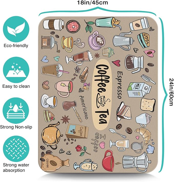 Fun Coffee Bar Mat 24inx18in, Absorbent Hide Stain Anti-Slip Accessories Fit Under Coffee Machine, Dish Drying Mat for Countertops