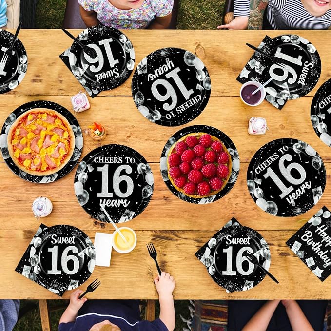 96Pcs 16th Black and Silver Birthday Party Supplies Cheers to 16 Years Plates and Napkins Disposable Sweet Black 16th Birthday Tableware Set for 16 Years Old Graduation Party Serves 24