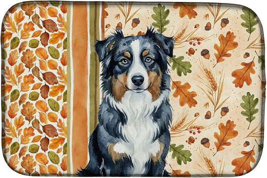 Caroline's Treasures Black Australian Shepherd Heirloom Fall Dish Drying Mat Absorbent Dish Drying Mat Pad for Kitchen Counter Dish Drainer Mat for Countertop, 14 x 21", Multicolor