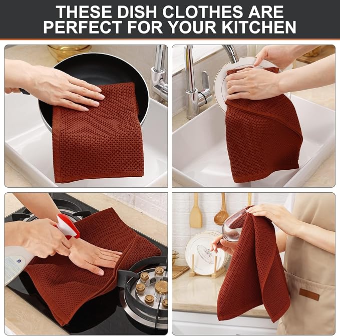 Kitinjoy 100% Cotton Waffle Weave Kitchen Hand Towels (13 X 28 Inches, Rust), 8-Pack Super Soft and Absorbent Dish Towel for Drying Dishes
