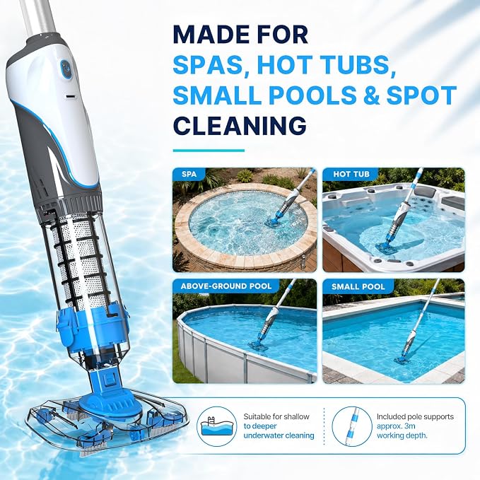 Cordless Pool Spa Vacuum Cleaner Rechargeable Handheld Pool Vacuum with 60-Min Runtime Dual Filtration 3 Cleaning Heads Telescopic Pole for Sand Leaves Hot Tubs Above Ground & Small Pools