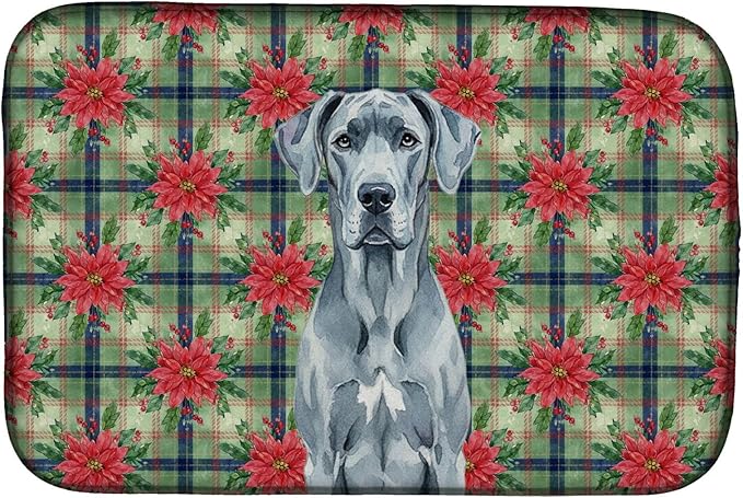 Caroline's Treasures Blue Great Dane Christmas PoinsettIas Dish Drying Mat Absorbent Dish Drying Mat Pad for Kitchen Counter Dish Drainer Mat for Countertop, 14 x 21", Multicolor