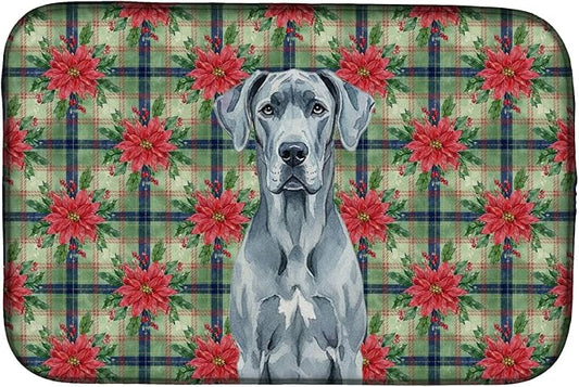 Caroline's Treasures Blue Great Dane Christmas PoinsettIas Dish Drying Mat Absorbent Dish Drying Mat Pad for Kitchen Counter Dish Drainer Mat for Countertop, 14 x 21", Multicolor