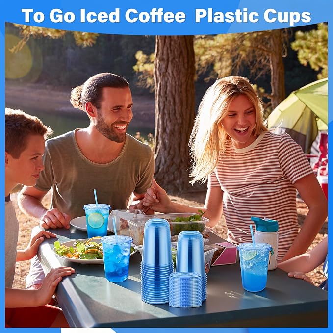 KesaPlan 50 Pack 16 oz Blue Plastic Party Cups with Lids & Straws, Disposable Iced Coffee Cup with Lids, Round Bottom Drinking Cups for Cocktail Cold Beverages Birthday Wedding Picnics Party Supplies