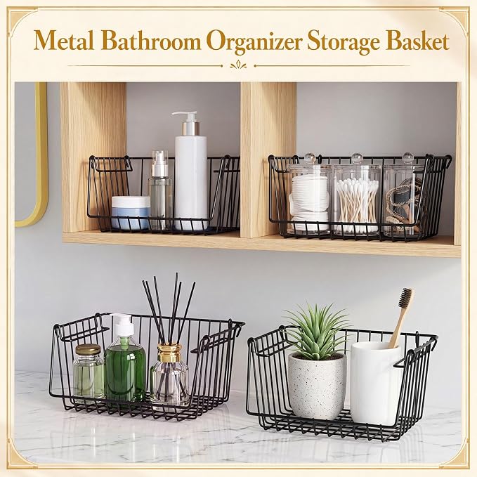 8 Pack Small Stackable Metal Wire Storage Baskets with Handles Bulk 6.5" L x 5.1" W x 3.5" H Mini Black Metal Wire Pantry Storage Bins for Countertop, Cleaning Supplies, Sauce, Toiletries
