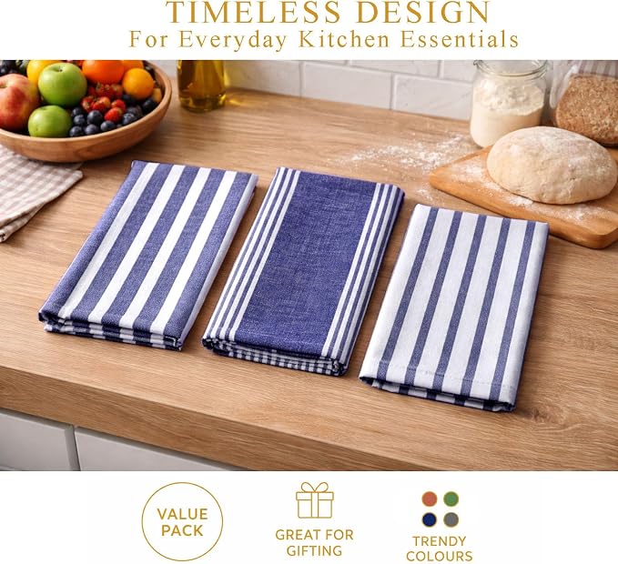 Pack of 6 Cotton Kitchen Towels Set, Dish Towels, Cleaning Rags, Kitchen Dish Cloths for Washing Dishes, Cotton Cleaning Cloths, Ultra Soft, Lightweight & Quick Dry, Slub Weave, 28" x 18", Denim Blue