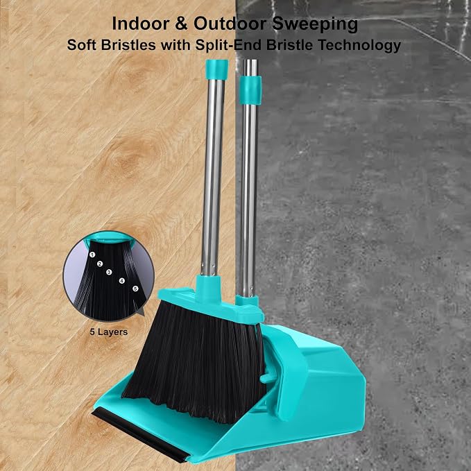 Tiumso Upgrade Broom with Dustpan Combo Set, Broom and Dustpan Set with 51'' Long Handle, Large Upright Brooms and Dust Pans, ZeroGap Lip, Self-Cleaning Dustpan Teeth for Lobby and Restaurant - Blue
