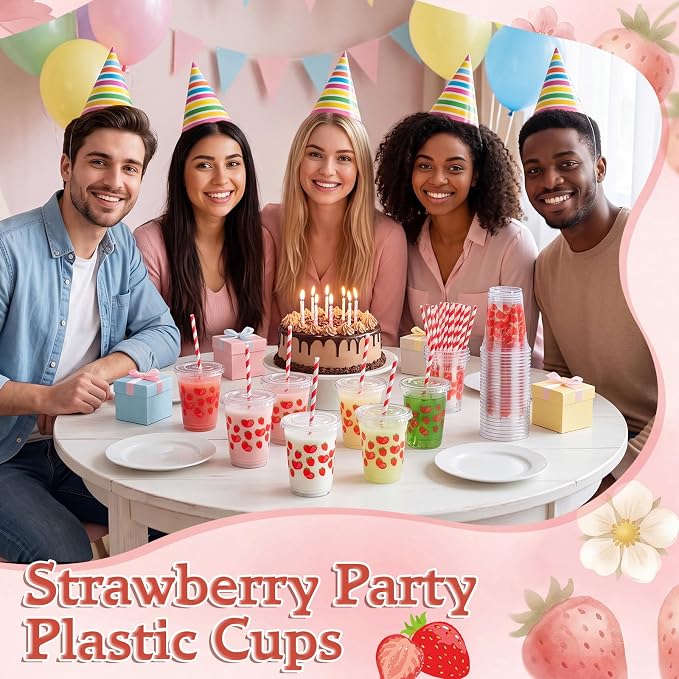 Domensi 25 Sets Strawberry Themed Plastic Cups with Lids and Paper Straws 12oz Red Disposable Drinking Cups Bulk for Cold Drinks Baby Shower Wedding Picnic Summer Theme Birthday Party Supplies
