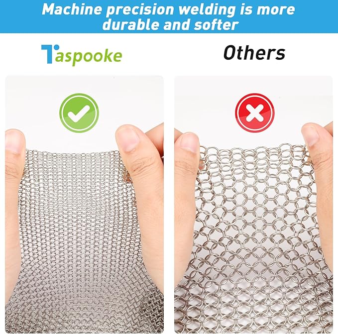 Cast Iron Cleaner and Chainmail Skillet Scrubber - 10''x10'' Upgraded 3.8mm Small Ring, 316L Stainless Steel Fine Rings - Durable Scraper for Skillets, Pans, Griddles & Containers