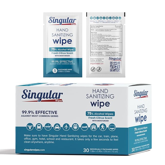 Hand Sanitizing Wipes Travel Size by Singular Wipes – 30ct Individually Wrapped | Fresh Citrus Scent, Moisturizing, 75% Alcohol Wipes | Travel, Office, School, Home
