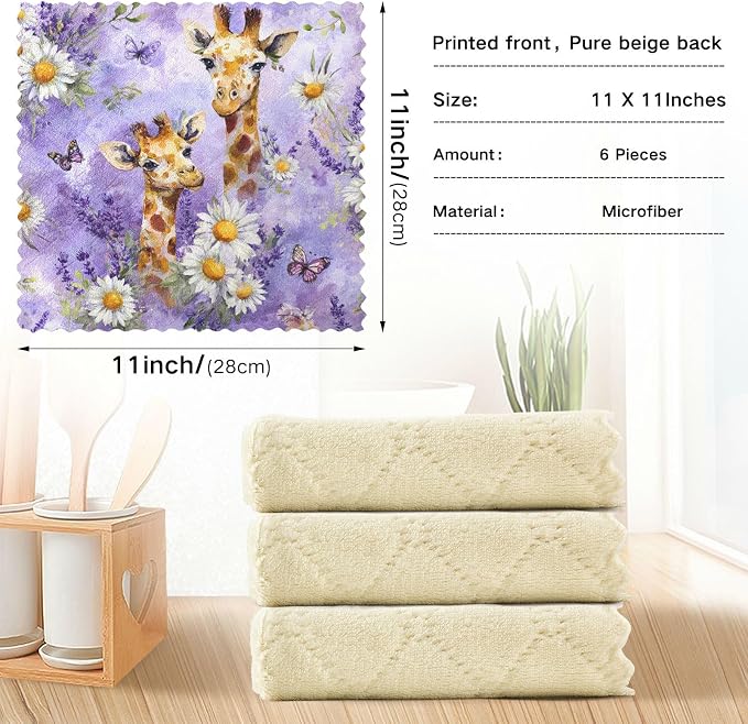 Watercolor Giraffe Daisy Purple Kitchen Towels Dish Cloths Set of 6 Microfiber Cleaning Cloths for Cars Super Absorbent Machine