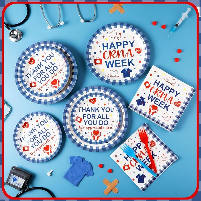 Remerry 96 Pcs Happy CRNA Week Party Supplies Nurse Anesthetist Appreciation Plates and Napkins Set Decoration Thank You Staff Disposable Plates for CRNA Week Party Supplies