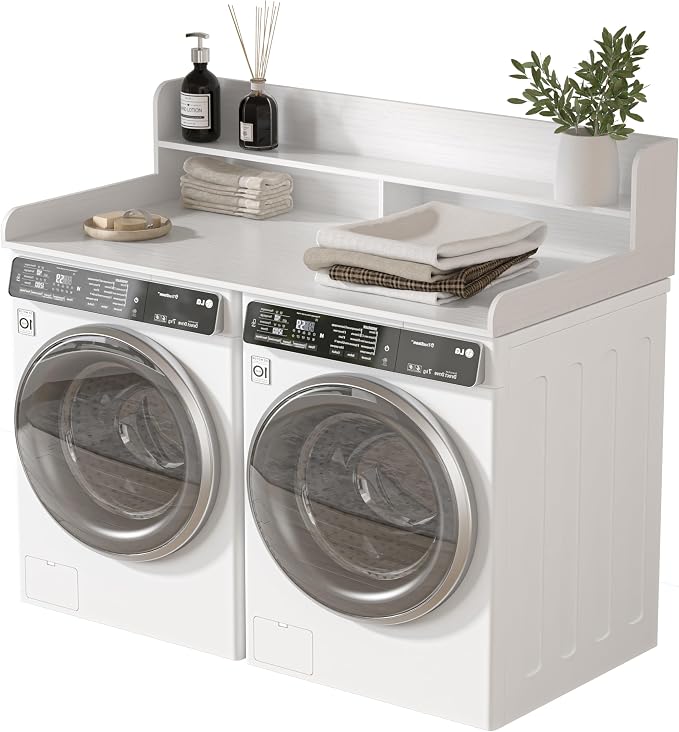 Piskyet Washer Dryer Countertop,2- Tier Laundry Countertop with Edge Rails,27.5" Depth x 54" Wood Countertop,Laundry Machine Topper for Laundry Room Organization and Storage(White)