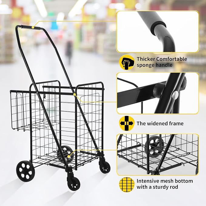 BIEAMA Folding Shopping Cart, 200 Lb Capacity Grocery Cart, Medium Size | Heavy Duty Utility Cart with 360 Rolling Swivel Wheels, Extra Basket