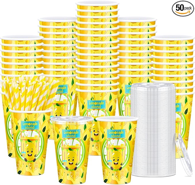 Tessco 150 Pcs 50 Sets Lemonade Paper Cups with Lids and Straws 16 oz Disposable Iced Coffee Paper Cup Summer Cold Cups for Lemonade Stand Supplies Fruit Party Beverages Drinks Juices