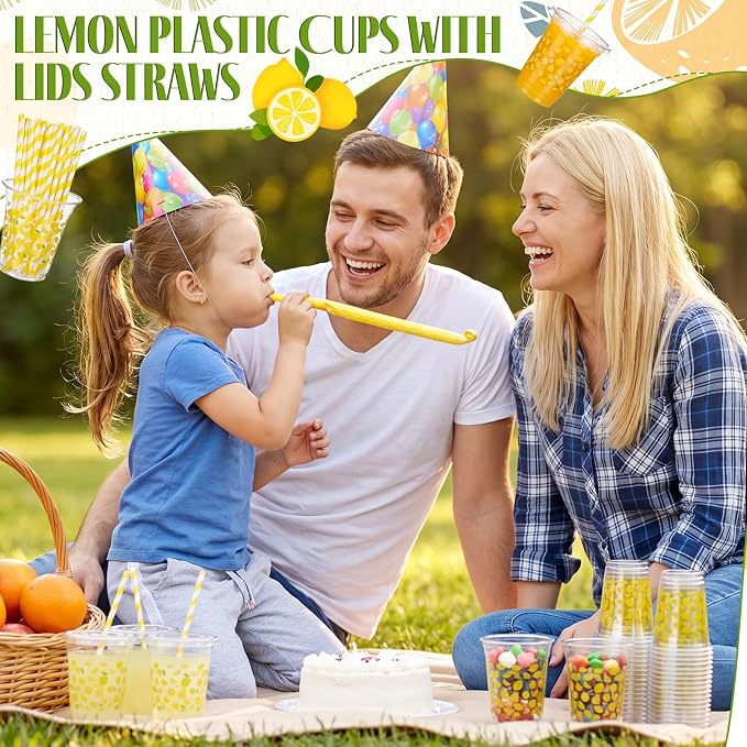 Domensi 25 Sets Lemon Themed Plastic Cups with Lids and Paper Straws 12oz Yellow Lemon Disposable Drinking Cups Bulk for Cold Drinks Baby Shower Wedding Summer Theme Birthday Party Supplies