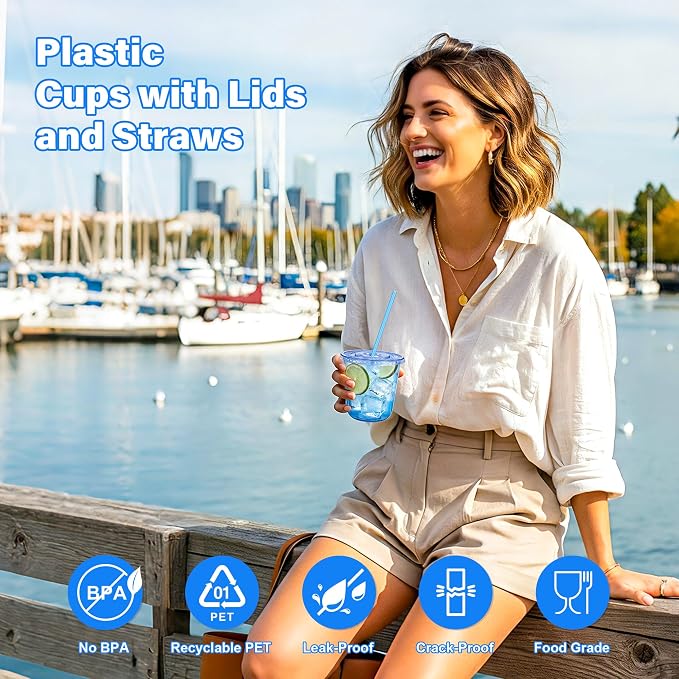 KesaPlan 50 Pack 12 oz Blue Plastic Party Cups with Lids & Straws, Disposable Iced Coffee Cup with Lids, Round Bottom Drinking Cups for Cocktail Cold Beverages Birthday Wedding Picnics Party Supplies