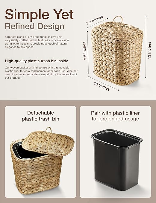 Tidita 1.5 Gallons Wicker Waste Basket with Lid - Large Wicker Trash Can for Office - Waste Basket for Bedroom, Bathroom, Kitchen, Living Room - Boho Handwoven Trash Cans for Garbage (1.5 Gallons)