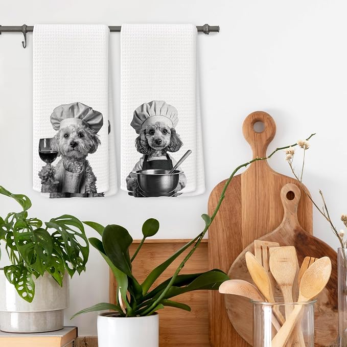 Funny Chef Poodle Kitchen Towels Set of 2, Poodle Dog Gifts for Women Dish Tea Towels for Kitchen, Dog Mom Lovers Owner Gifts Decorative Hand Towel, 16x24 Inch