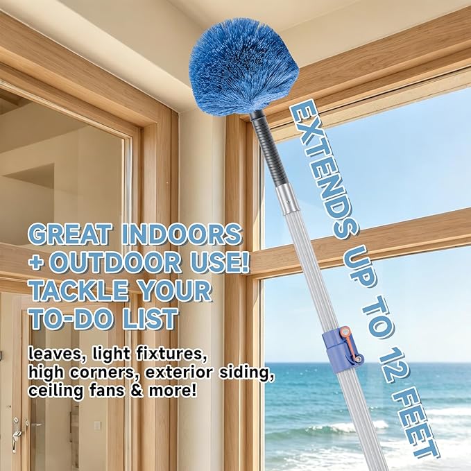 5-12ft Telescoping Durable Duster with Extension Pole – Lightweight Aluminum Cobweb Duster Kit – Extendable to 20ft Reach for Cleaning High Ceilings and Spider Webs
