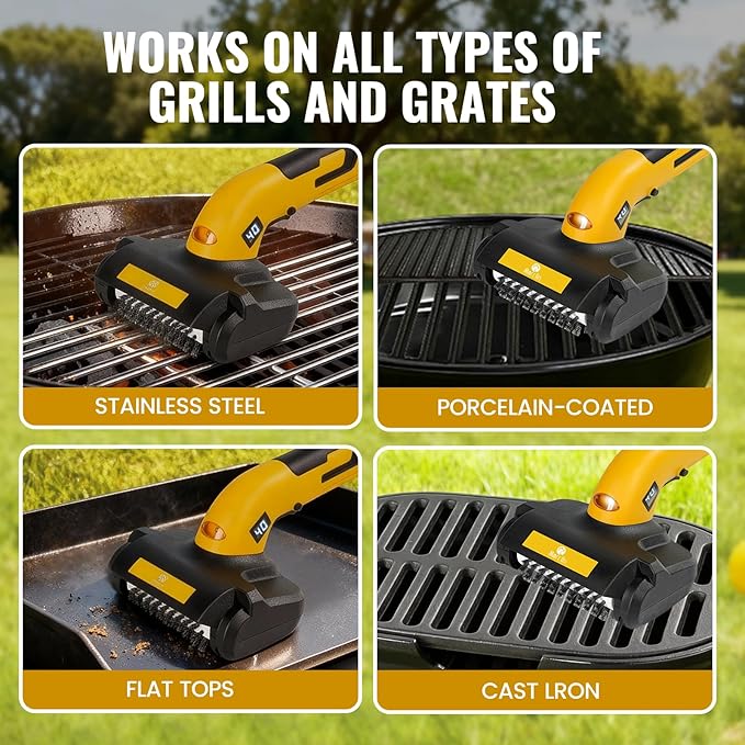 Electric Grill Brush, Grill Cleaner with LED Light & Battery Power Display, 350 RPM Shed-Free Steel Bristles, Removable Brush Head, Cordless & Type-C Rechargeable Grill Scraper for Outdoor BBQ