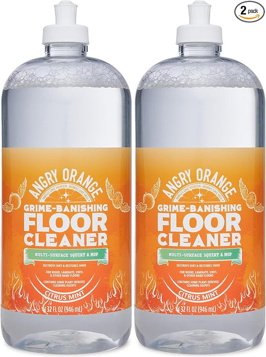 ANGRY ORANGE Hardwood Floor Cleaner - No-Rinse, Pet-Safe, Residue Free Multi-surface Cleaning Solution for Pet Urine, Grime & Everyday Dirt - Made in USA - Citrus Mint - 32 oz - Value 2 Pack