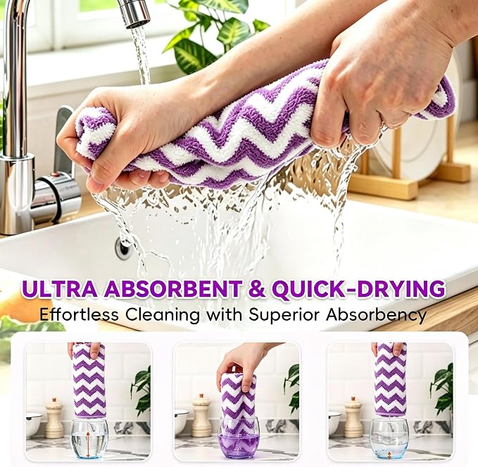 Microfiber Cleaning Cloth 6 Pack, Ultra Soft Absorbent Lint Free Reusable Kitchen Towels with Hanging Loop, 12x12 Inch Purple Dish Towels for Kitchen, Car & Household