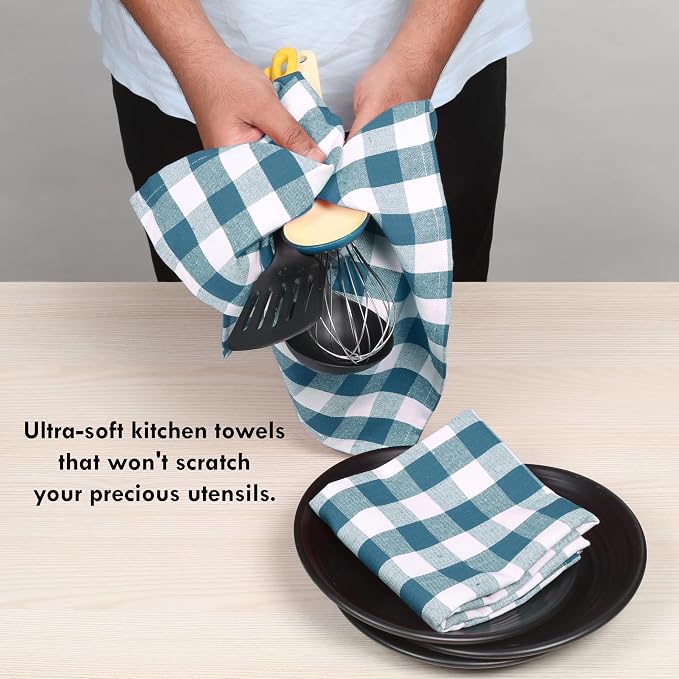 Gingham Checked Kitchen Dish Towels 12 Pack, 18"x26", 100% Cotton, Quick Dry Wash Rags, Reusable Dishcloths Set, Machine Washable, Absorbent Hand Towel - Teal Green, White