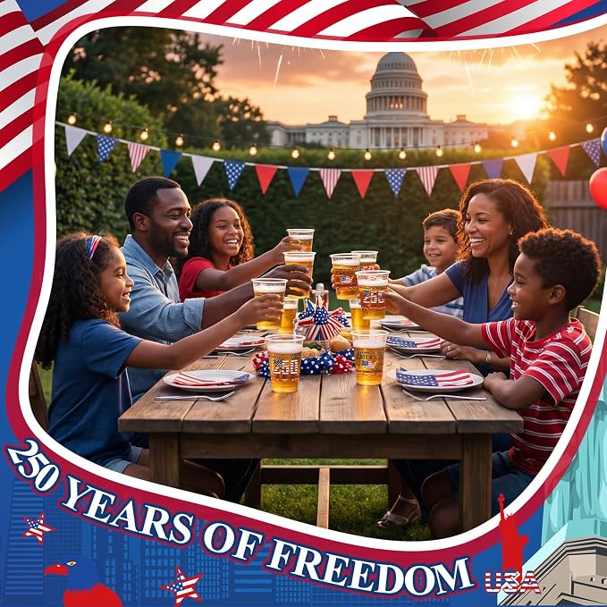 Jingmore 50 Pcs 250th Anniversary Plastic Cups 12 oz Patriotic Disposable Plastic Cups 1776-2026 Freedom Thick Clear Drinkware for Independence Day 4th of July Party Supplies
