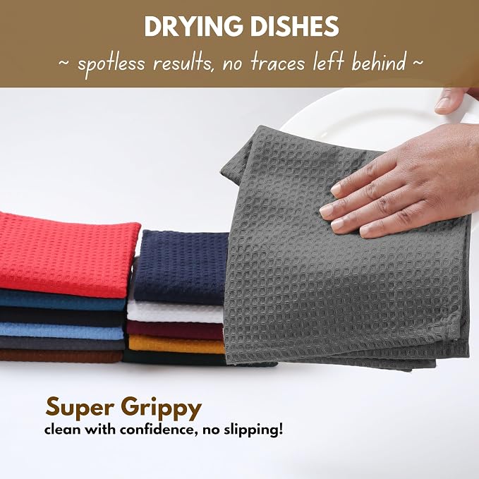 Native Fab 6 Pack Waffle Dish Cloths - 100% Cotton, Absorbent, Quick Dry & Soft Towels for Cleaning, Cooking & Drying Dishes - Perfect for Home, Restaurants, Bars, 12x12 inch - Grey