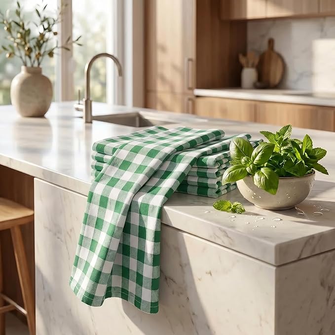 Urban Villa Kitchen Towels 100% Cotton Dish Towels for Kitchen (Set of 6) 20”x30” Dish Cloths Highly Absorbent Kitchen Linen Set with Hanging Loop Perfect for Drying Dishes Cleaning – Hunter/White