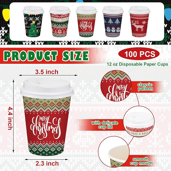 Gerrii 100 Set Christmas Paper Cups Disposable 12 oz with Lids Hot Chocolate Cups Coffee Cups Holiday Hot Cups for Hot and Cold Drinks Tea Water Bar Supplies Winter Season (Ugly Sweater Style)