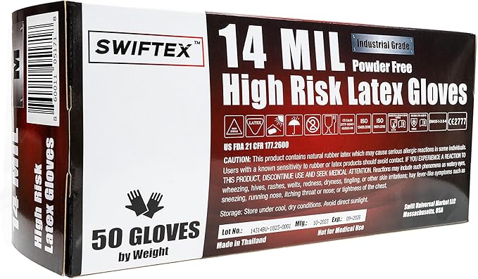 Heavy Duty Thick Latex Gloves, 14mil, Blue, Industrial, Powder Free, 12" Length, Textured, Multi-Purpose, Box of 50