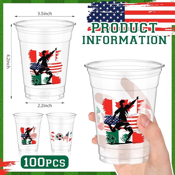 Jingmore 100 Pcs Soccer Plastic Cups 12 oz International Countries Soccer Disposable Plastic Cups Thick Clear Drinkware for Sports Games Party Supplies (Flags)