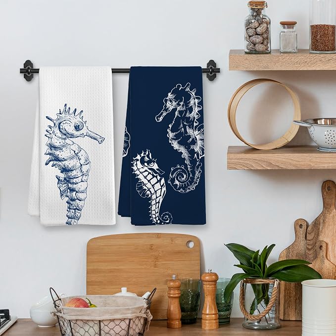 Coastal Seahorse Beach Decor Dish Hand Tea Towels for Bathroom Kitchen, Blue Seahorse Ocean Nautical Beachy Bathroom Decor, Coastal Nautical Kitchen Towels and Dishcloths Sets of 2, 16x24Inch
