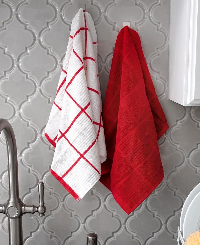 T-Fal Solid & Checked Parquet Kitchen Towels: Highly Absorbent, Super Soft Long Lasting - 100% Cotton, 16"x26" Dish Towels for Cleaning & Drying Dishes, Pans, Glassware, Countertops, 6-Pack, Red