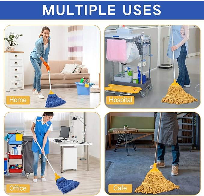 Roshtia 16 Pack Mop Head Replacement Large Heavy Duty Mop Head Commercial Replacement Looped End Cotton String Industrial Washable Mophead Refills for Commercial Industrial Home Cleaning(Blue, Yellow)