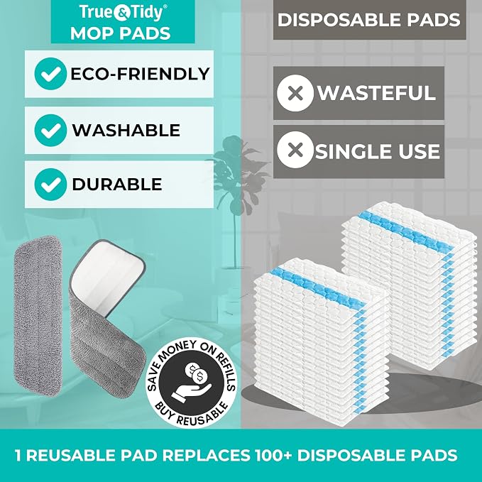 True & Tidy® 2pc Microfiber Mop Pad Refill for SPRAY-250 Multi-Surface Spray Mop with 490ml Refillable Water Bottle for Floor Cleaning