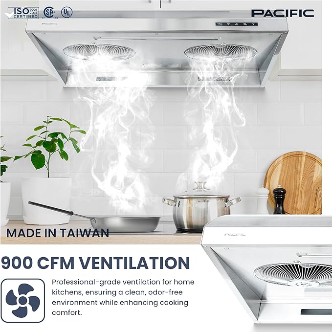 Pacific Range Hood, 900 CFM, 30 Inches, Stainless Steel, Auto Heat Cleaning, 3-way ducting options, PW2300HAS