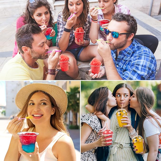 Reallnaive 100 Sets 12 oz Clear Slushie Cups with Dome Lids and Snow Cone Spoon Straws, Disposable Smoothie Cold Drinking Cups for Party Iced Coffee Cold Drinks Juice Milkshake