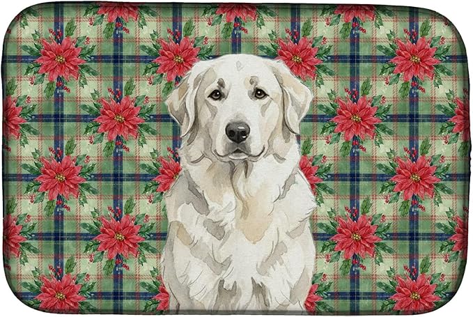 Caroline's Treasures White Great Pyrenees Christmas PoinsettIas Dish Drying Mat Absorbent Dish Drying Mat Pad for Kitchen Counter Dish Drainer Mat for Countertop, 14 x 21", Multicolor