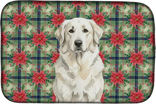 Caroline's Treasures White Great Pyrenees Christmas PoinsettIas Dish Drying Mat Absorbent Dish Drying Mat Pad for Kitchen Counter Dish Drainer Mat for Countertop, 14 x 21", Multicolor